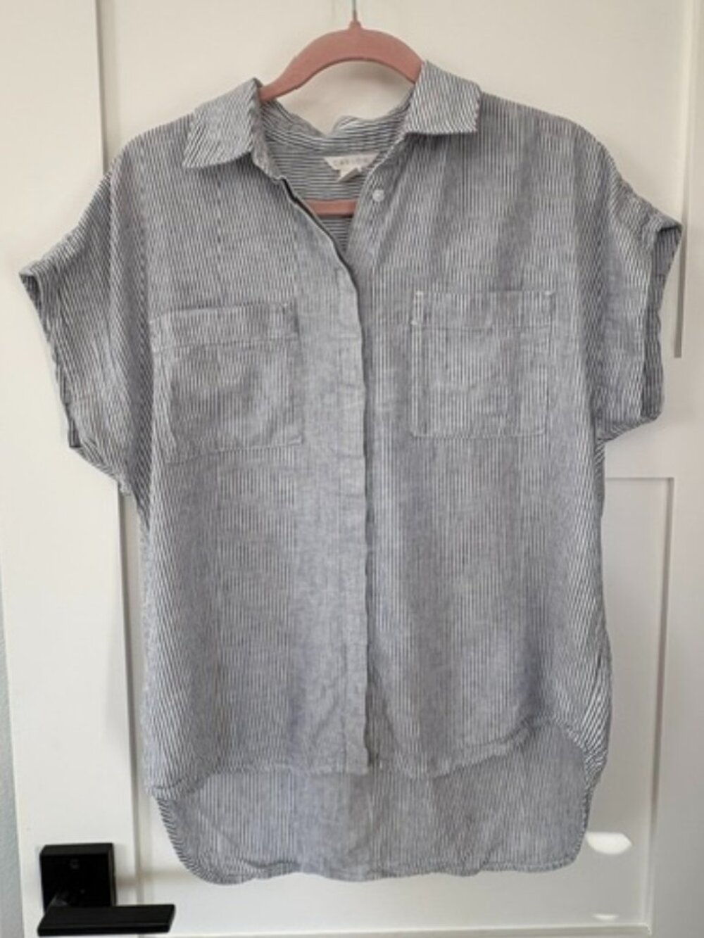 Caslon Blue White Striped Linen Blend Short Sleeve Button Down Shirt M